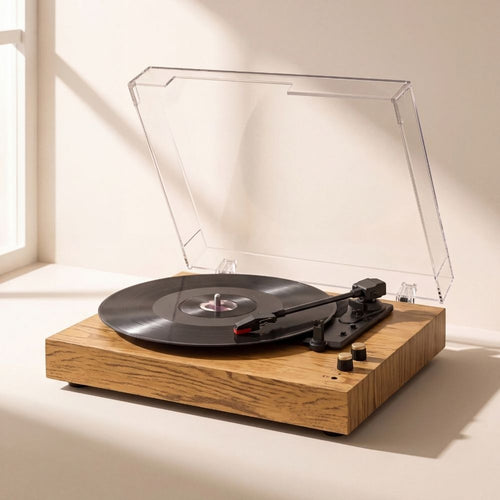 Platine vinyle Volute Trio en chêne clair, capot acrylique relevé et disque en place
