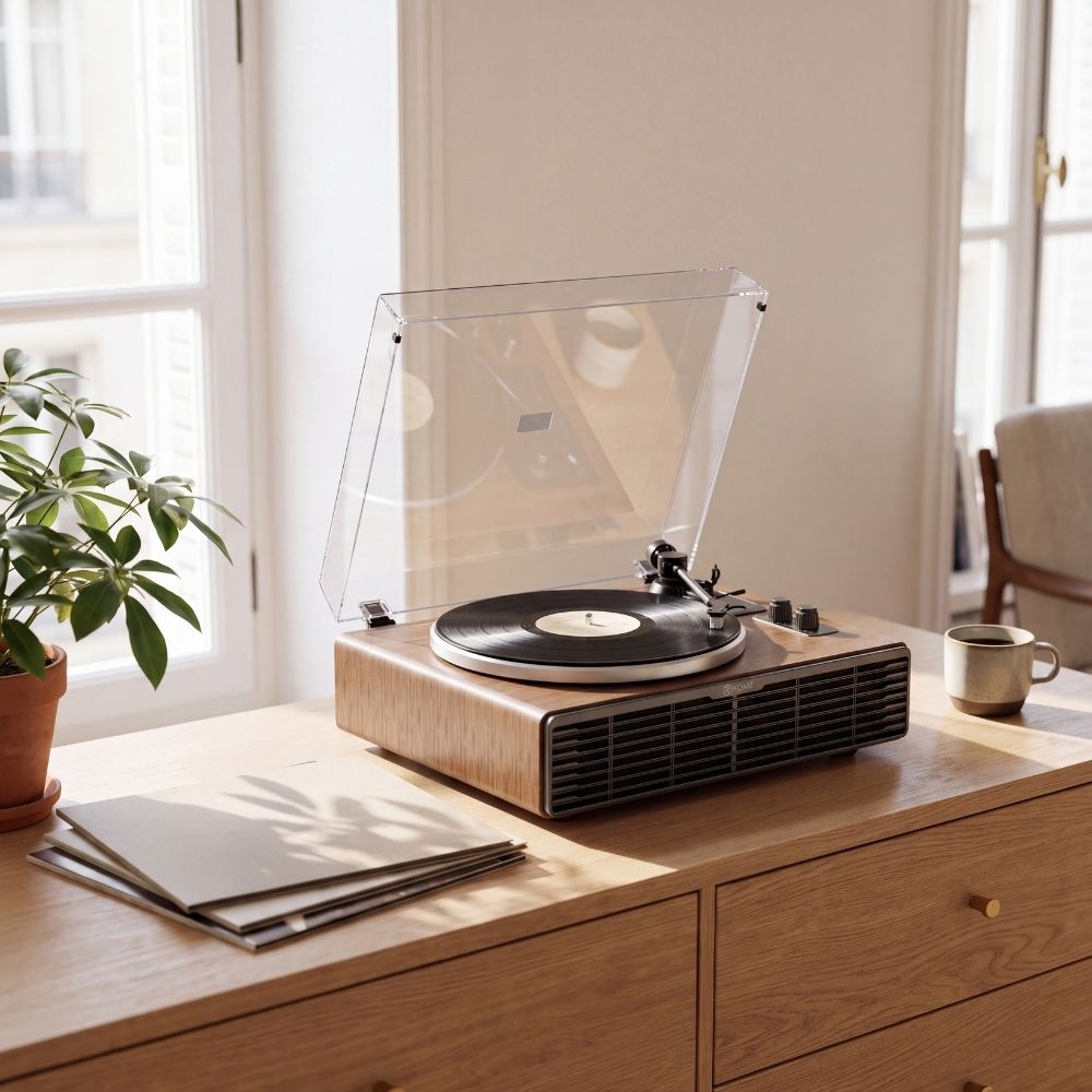 Platine vinyle Volute Noyer posée sur une commode en chêne, à côté de pochettes de disques et d'une tasse de café