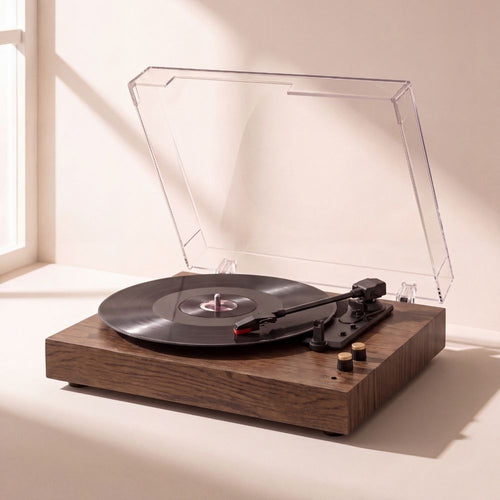 Platine vinyle Volute Trio en chêne foncé, capot acrylique relevé et disque en place