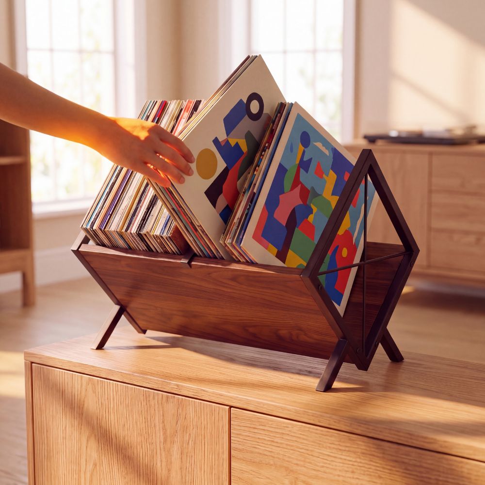 Une main fait basculer une pochette vers l'avant pour feuilleter sa collection dans le bac à vinyles
