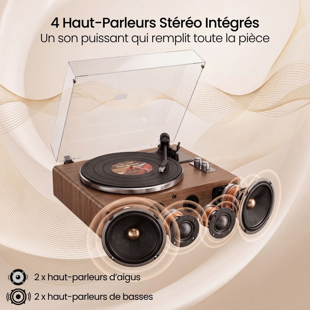 Les quatre haut-parleurs intégrés de la platine Volute Noyer, deux de graves et deux d'aigus