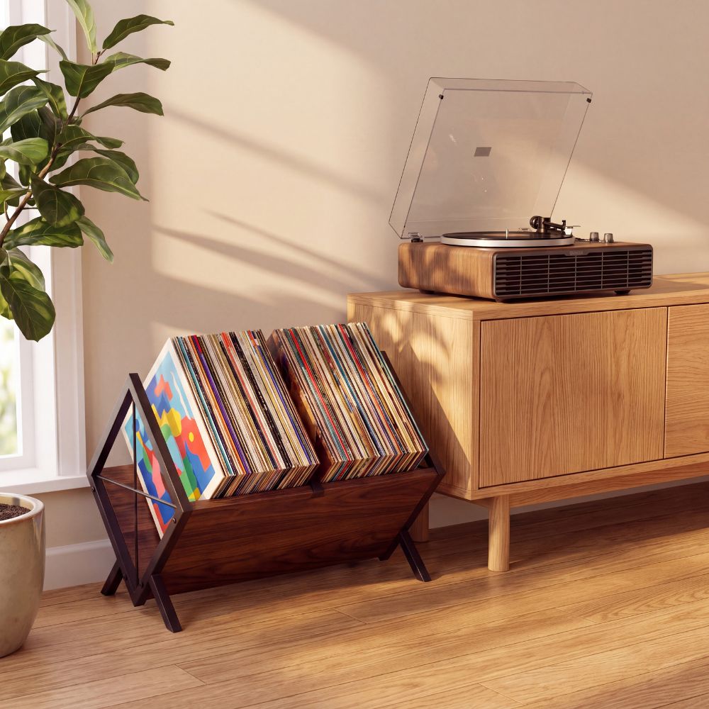 Bac à vinyles rempli posé au sol à côté d'un buffet portant une platine vinyle
