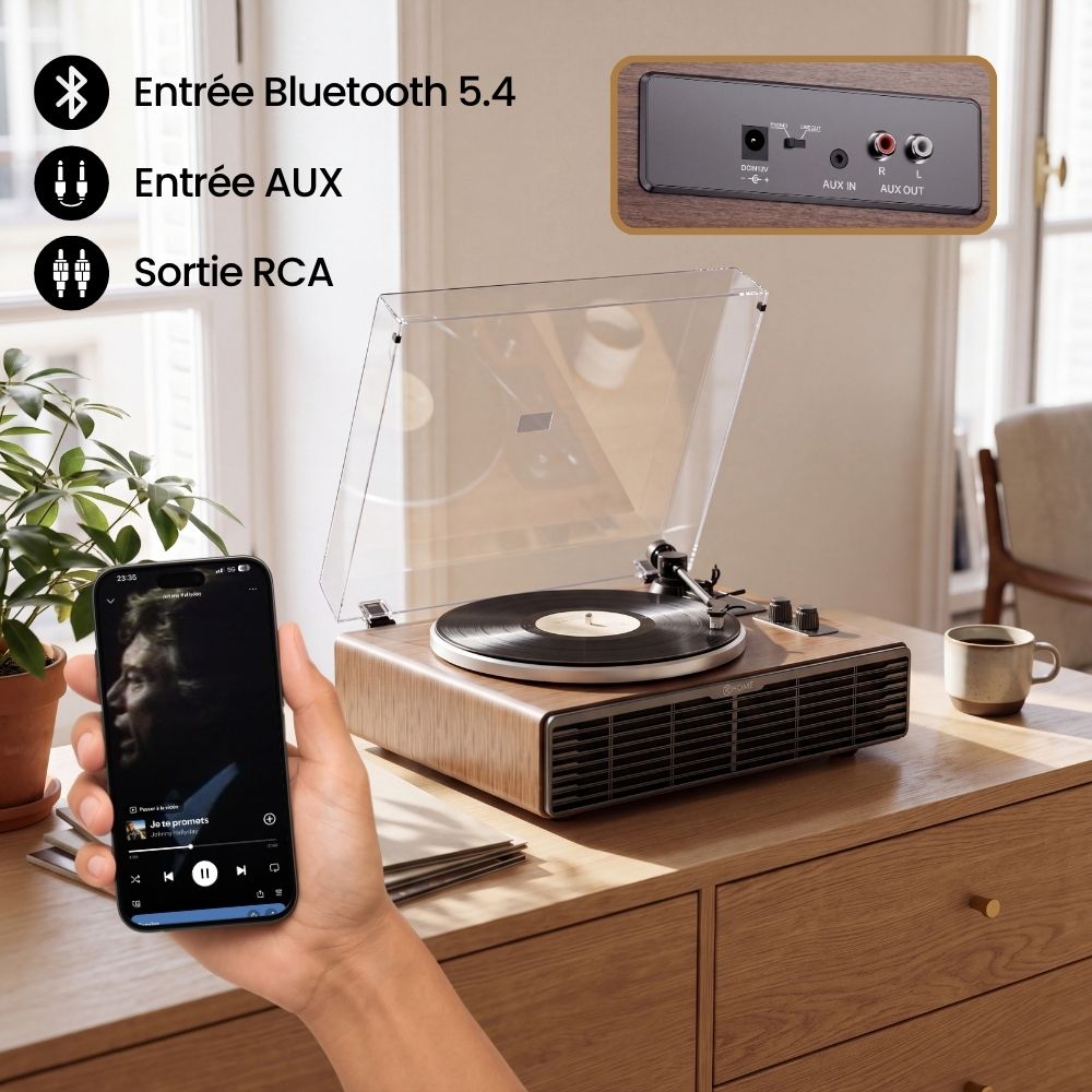 Connexions de la platine Volute Noyer : Bluetooth, entrée AUX et sortie RCA, avec un téléphone qui diffuse de la musique