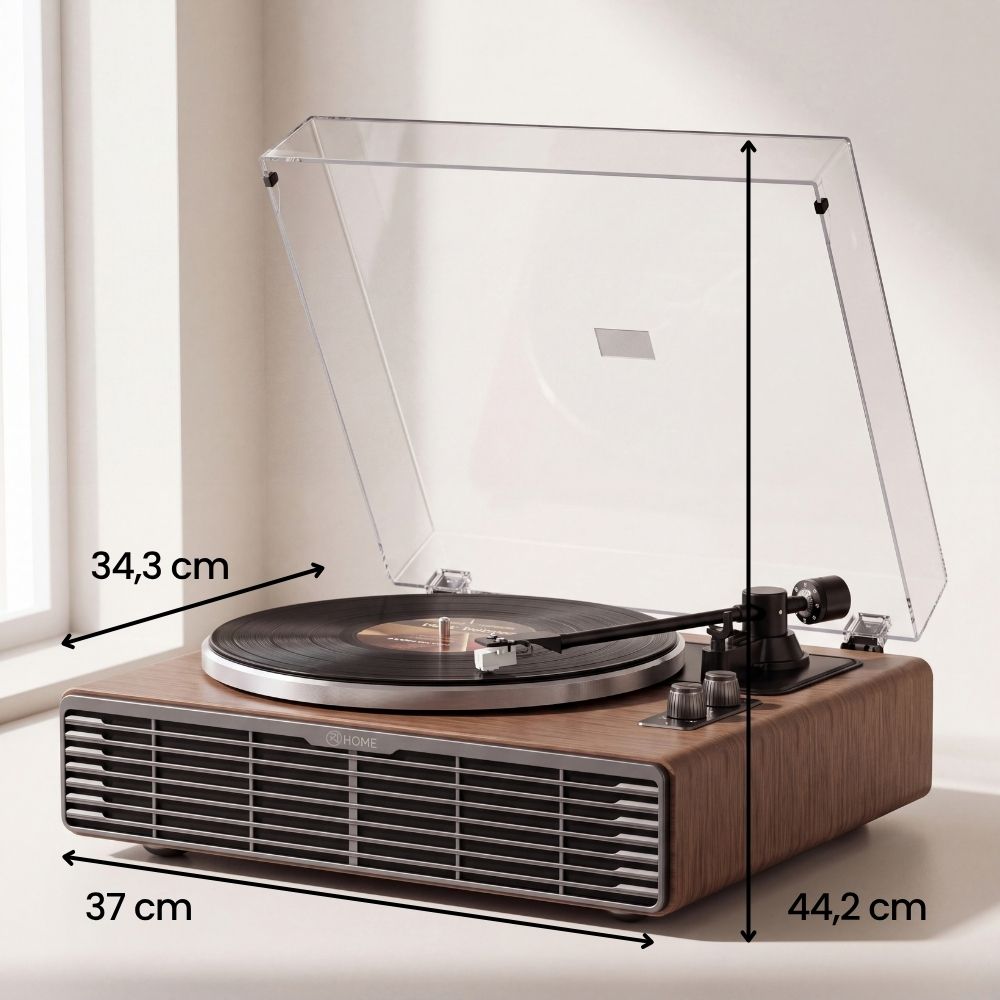 Dimensions de la platine vinyle Volute Noyer : 37 cm de large, 19,1 cm de haut et 44,2 cm capot relevé