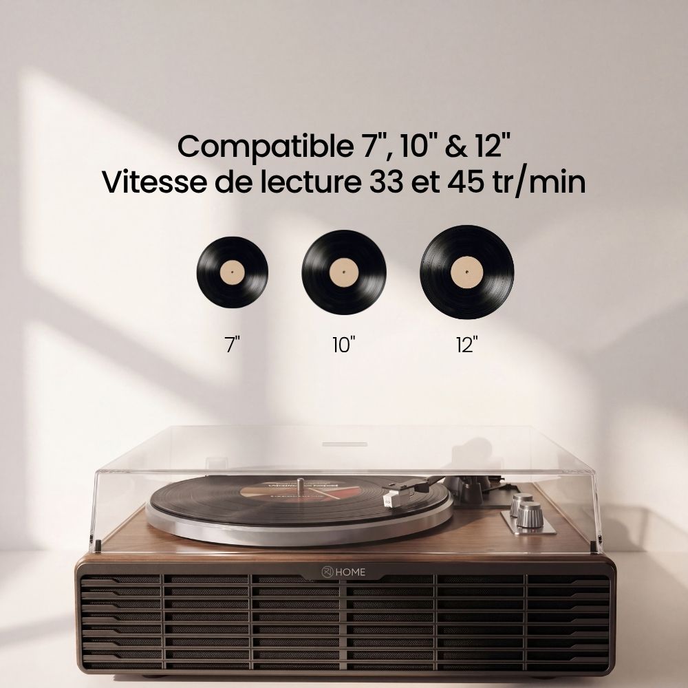 Platine vinyle Volute Noyer compatible avec les disques 7, 10 et 12 pouces en 33 et 45 tours